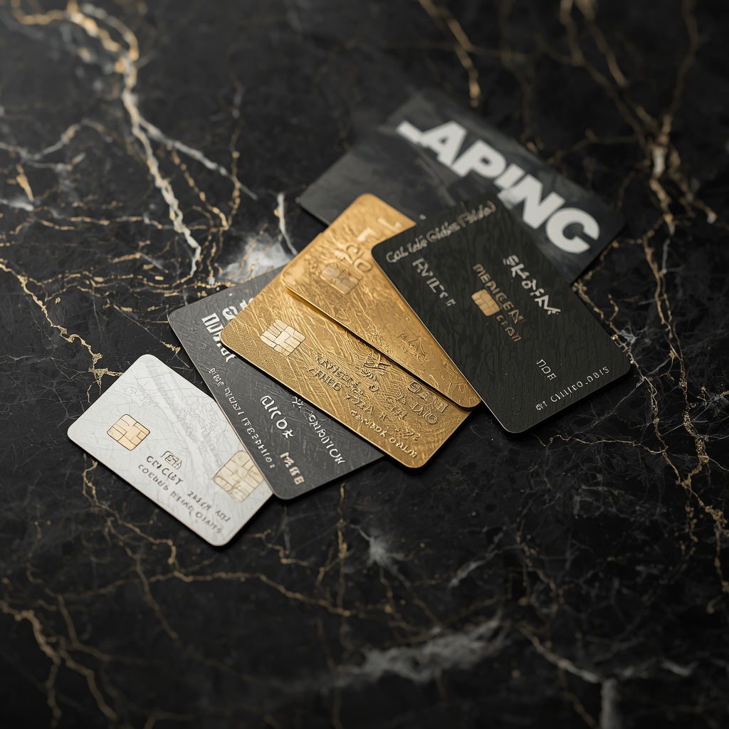 Collection of premium metal credit cards arranged artistically on dark marble surface with gold accents, luxury banking lifestyle photography